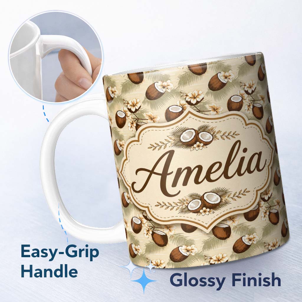 Personalized Custom Name Coconut Palm Hibiscus Tropical Island Seamless Pattern Lovely 11oz Ceramic Coffee Tea Mug White Large Handle