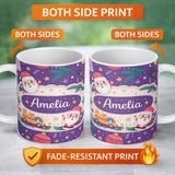 Personalized Custom Name Santa Sleigh Gifts Purple Christmas Festive Seamless Pattern Lovely 11oz Ceramic Coffee Tea Mug White Large Handle