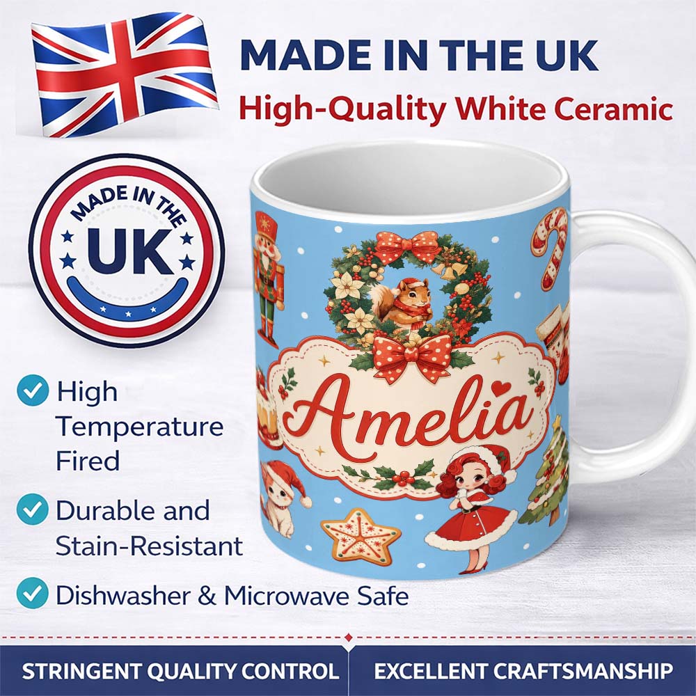 Personalized Custom Name Christmas Nutcracker Squirrel Cake Candy Cane Girl Tree Blue Snow 11oz Ceramic Coffee Tea Mug White Large Handle