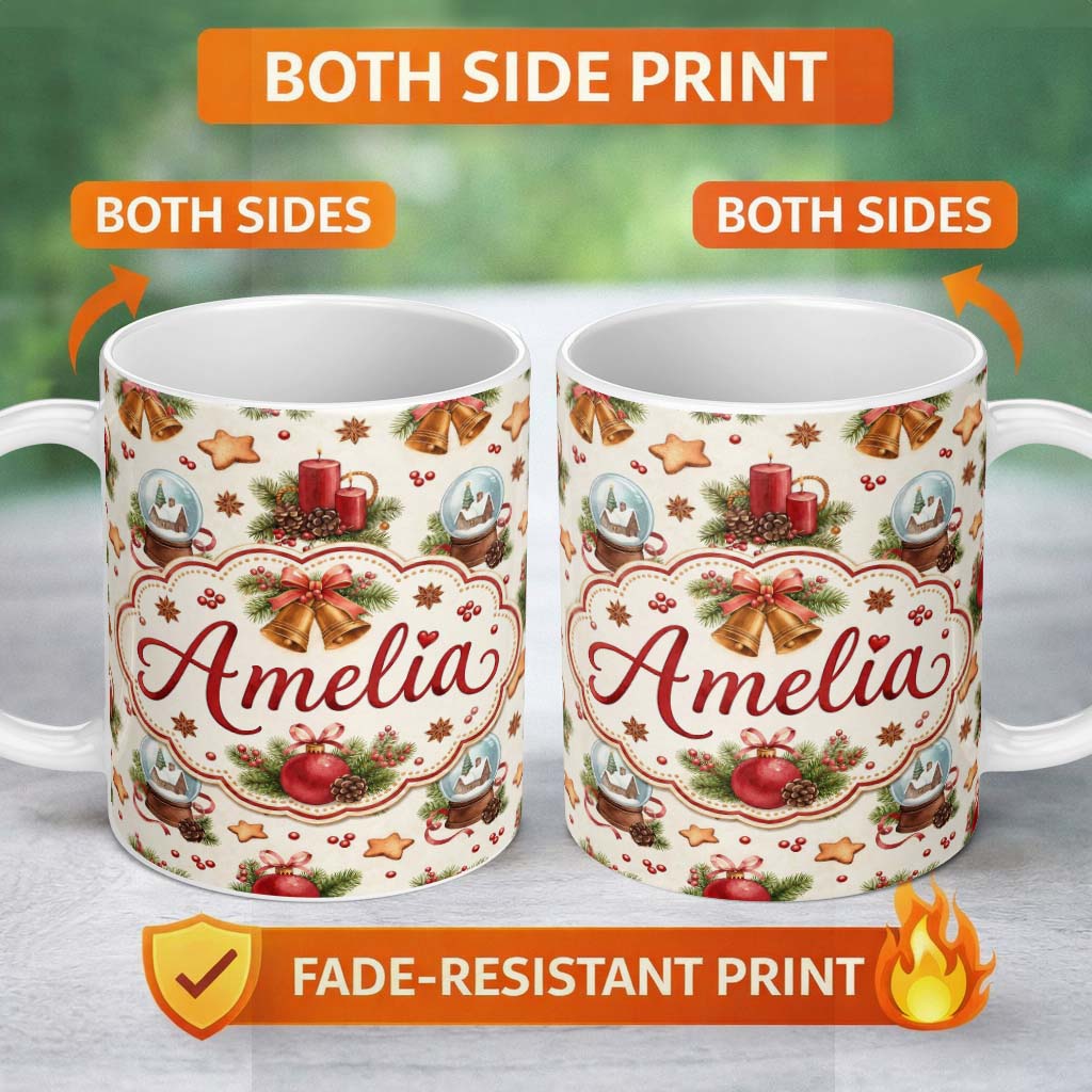 Personalized Custom Name Vintage Christmas Bells Candle Snow Globe Festive Seamless Pattern 11oz Ceramic Coffee Tea Mug White Large Handle