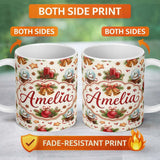 Personalized Custom Name Vintage Christmas Bells Candle Snow Globe Festive Seamless Pattern 11oz Ceramic Coffee Tea Mug White Large Handle