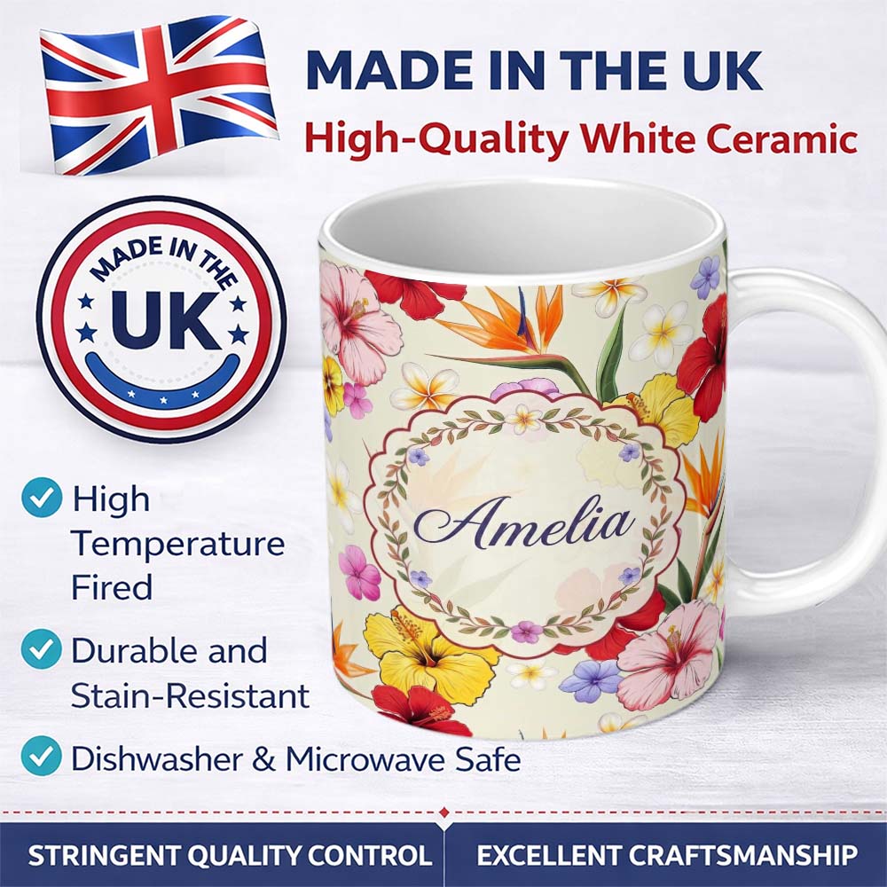 Personalized Custom Name Tropical Hibiscus and Bird of Paradise Floral Seamless Pattern 11oz Ceramic Coffee Tea Mug White Large Handle