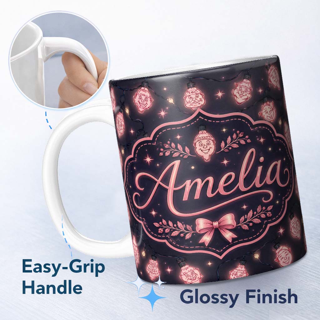 Personalized Custom Name Cute Christmas String Lights Santa Snowman Festive Glow Seamless 11oz Ceramic Coffee Tea Mug White Large Handle