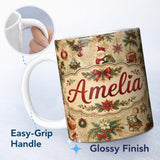 Personalized Custom Name Classic Christmas Santa Gift Holly Snowflake Seamless Pattern Lovely 11oz Ceramic Coffee Tea Mug White Large Handle