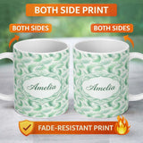 Personalized Custom Name Abstract Mint Green Flowing Feather Swirl Seamless Pattern Lovely 11oz Ceramic Coffee Tea Mug White Large Handle
