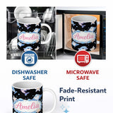 Personalized Custom Name Cute Dolphin Stingray Starfish Cartoon Sea Life Pattern Black Lovely 11oz Ceramic Coffee Tea Mug White Large Handle