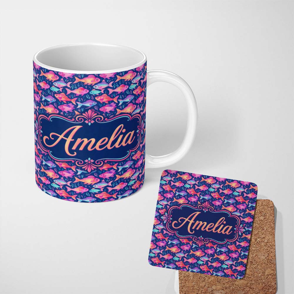 Personalized Custom Name Whimsical Coral and Mint Fish with Seaweed Pattern on Deep Navy 11oz Ceramic Coffee Tea Mug White Large Handle