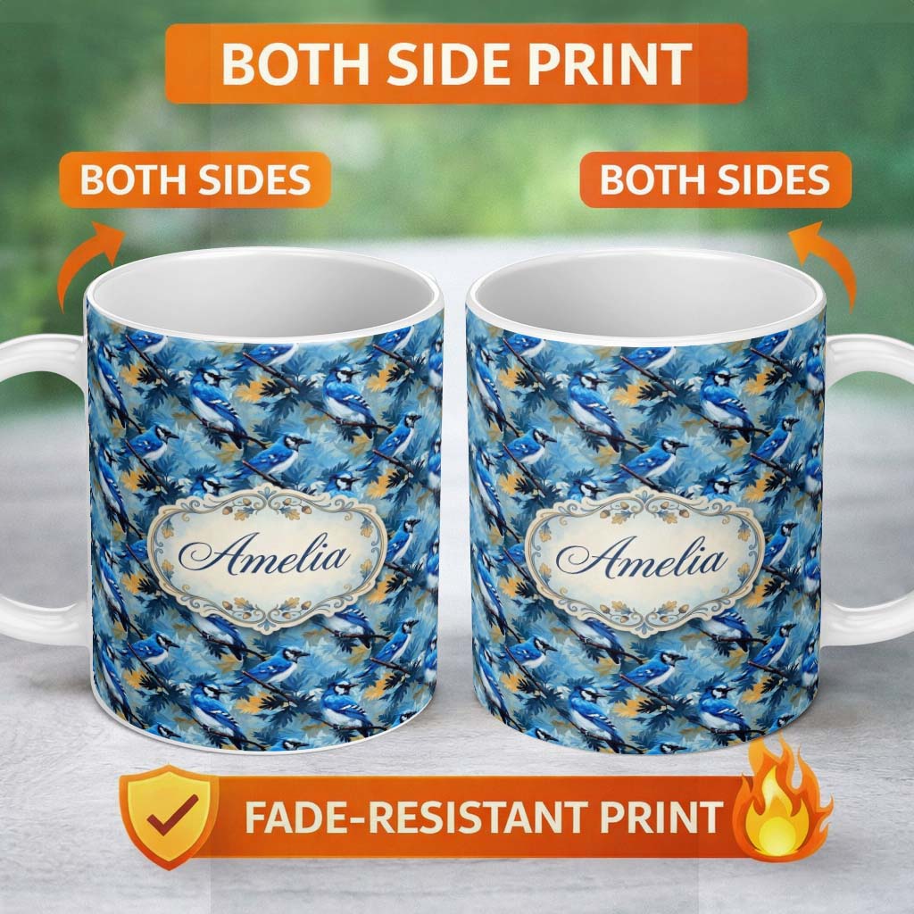 Personalized Custom Name Blue Jay Bird Artistic Foliage Painterly Botanical Wildlife Design 11oz Ceramic Coffee Tea Mug White Large Handle