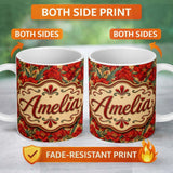 Personalized Custom Name Vintage Red Lily Floral Beige Background Seamless Pattern Lovely 11oz Ceramic Coffee Tea Mug White Large Handle