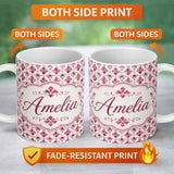 Personalized Custom Name Watercolour Burgundy Damask Motif Repeat on Light Background Elegant 11oz Ceramic Coffee Tea Mug White Large Handle