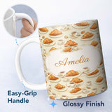 Personalized Custom Name Croissant and Coffee French Breakfast Seamless Pattern Neutral 11oz Ceramic Coffee Tea Mug White Large Handle