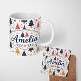 Personalized Custom Name Minimal Christmas Trees Red Blue Yellow Stars Modern Seamless Lovely 11oz Ceramic Coffee Tea Mug White Large Handle