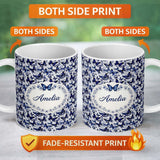 Personalized Custom Name Blue Butterfly Garden Floral Detailed Seamless Pattern Lovely 11oz Ceramic Coffee Tea Mug White Large Handle