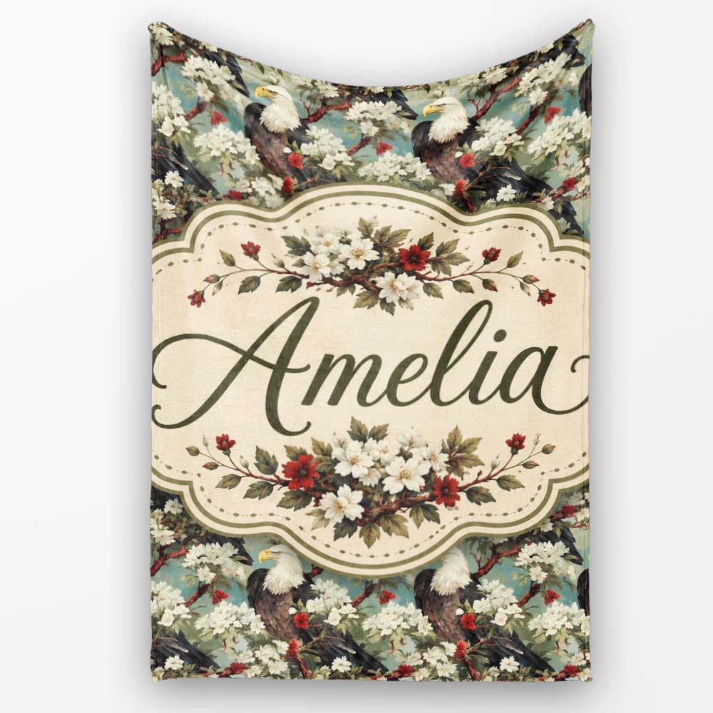 Realistic Bald Eagle on Floral Branch Seamless Pattern Lovely  Personalised Custom Name Super Soft Fleece Blanket Bed Sofa Throw