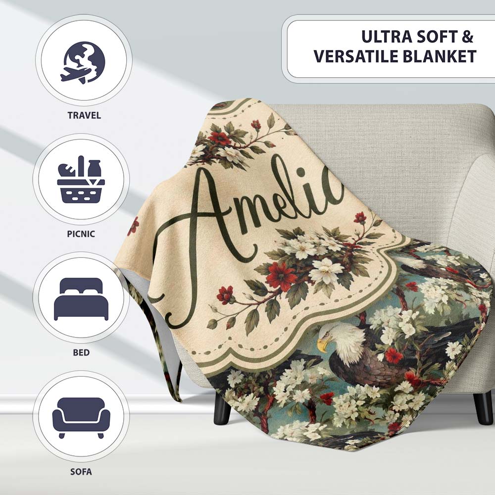 Realistic Bald Eagle on Floral Branch Seamless Pattern Lovely  Personalised Custom Name Super Soft Fleece Blanket Bed Sofa Throw