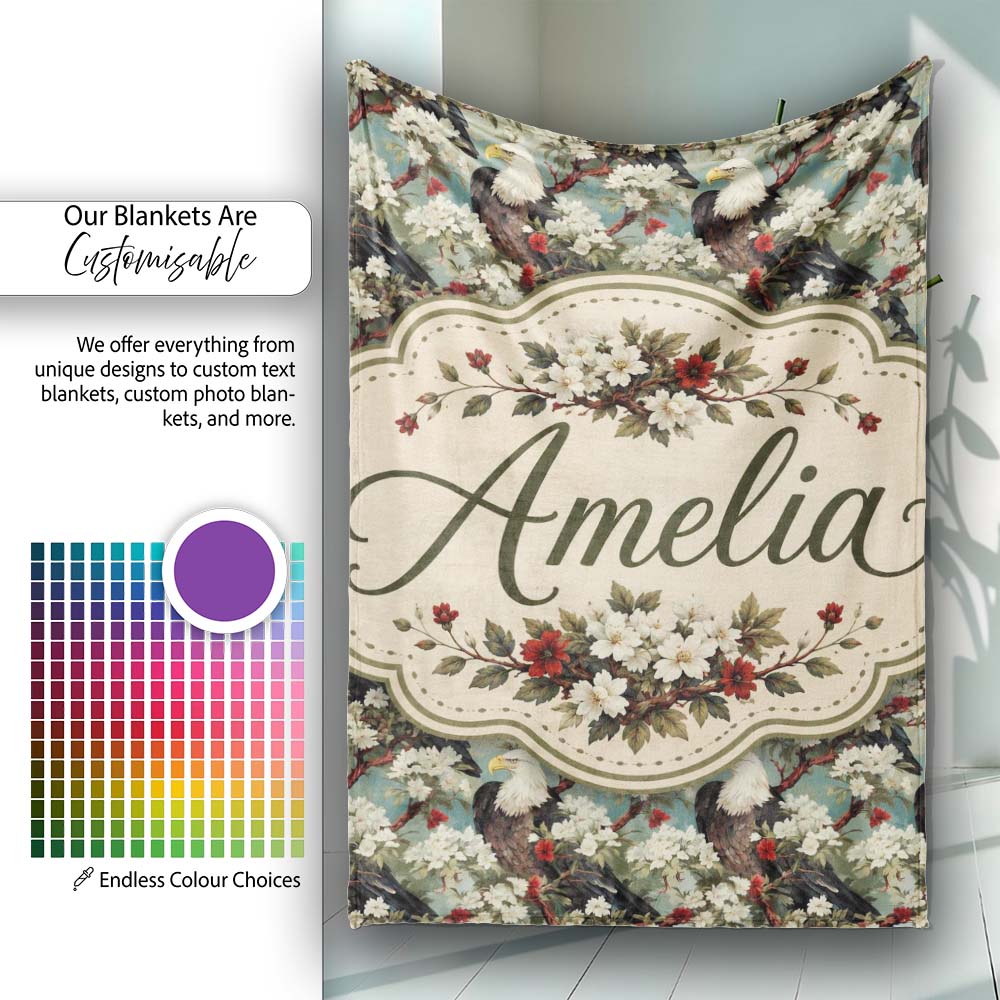 Realistic Bald Eagle on Floral Branch Seamless Pattern Lovely  Personalised Custom Name Super Soft Fleece Blanket Bed Sofa Throw