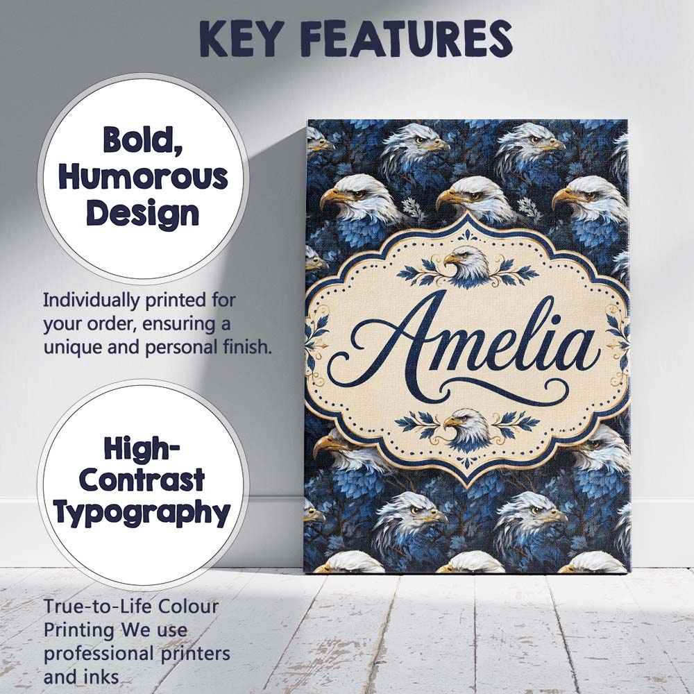 Personalised Name Detailed Blue Tone Eagle Custom  Unique Gift Idea Elegant Feature Canvas Wall Art Print Decor Picture Ready to Hang