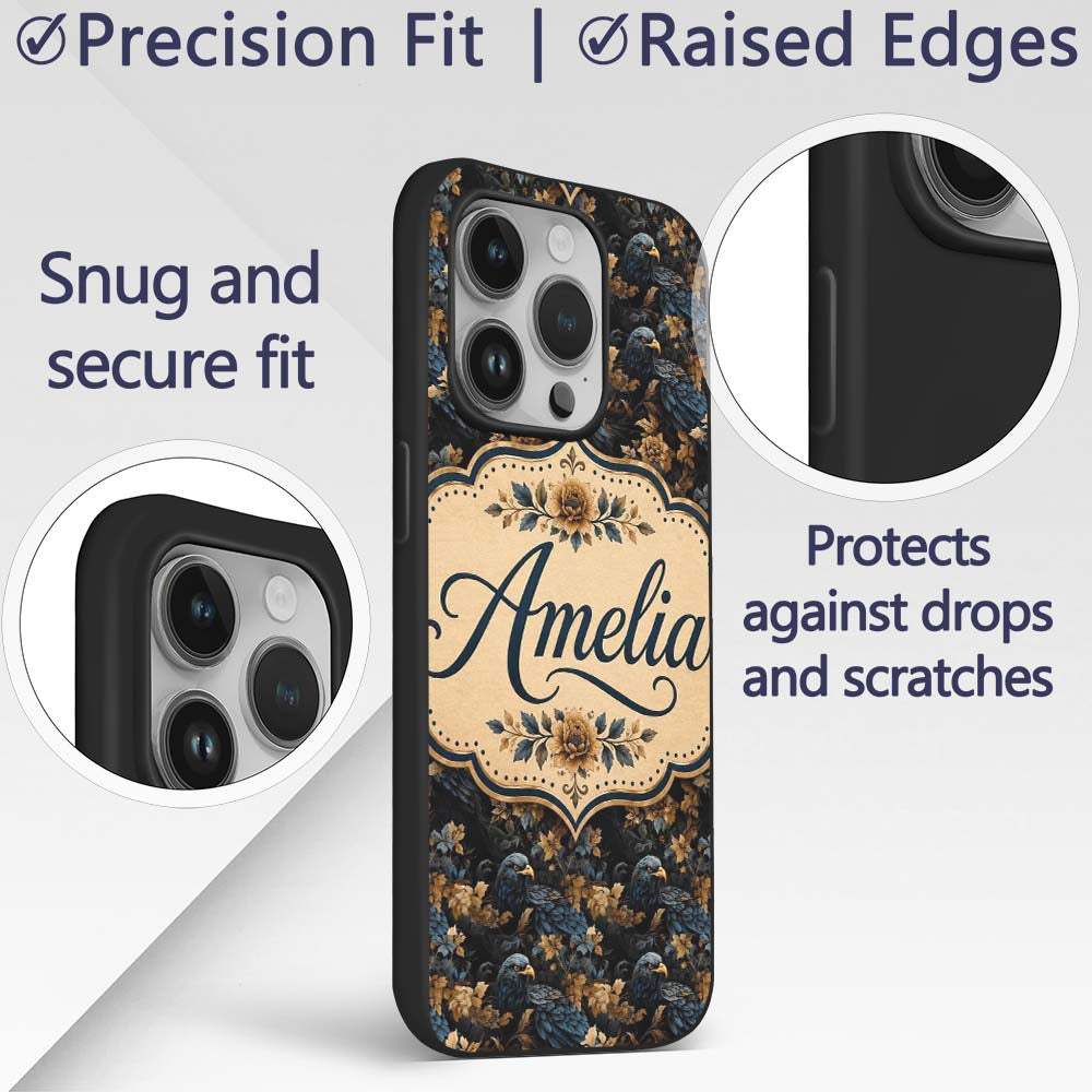 Dark Elegant Eagle with Floral Botanical Seamless Custom Name Protective Phone Case Mobile Cover Durable Everyday Smartphone Shock Resistant