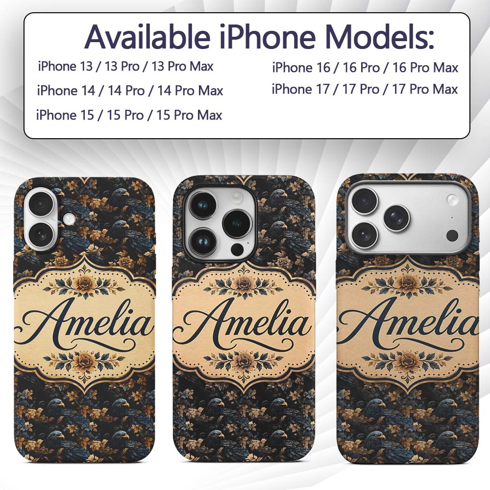 Dark Elegant Eagle with Floral Botanical Seamless Custom Name Protective Phone Case Mobile Cover Durable Everyday Smartphone Shock Resistant