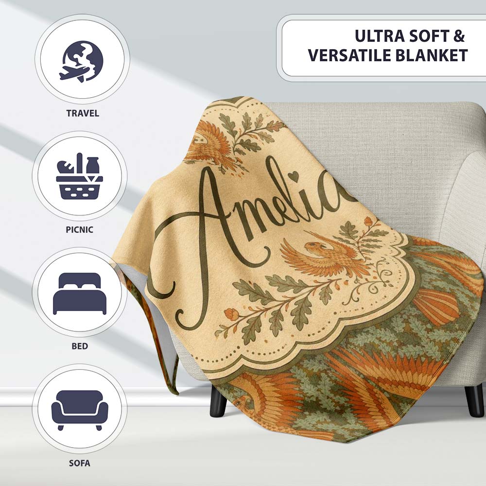 Vintage Art Nouveau Phoenix Bird Ornamental Seamless Pattern Lovely  Personalised Custom Name Super Soft Fleece Blanket Bed Sofa Throw