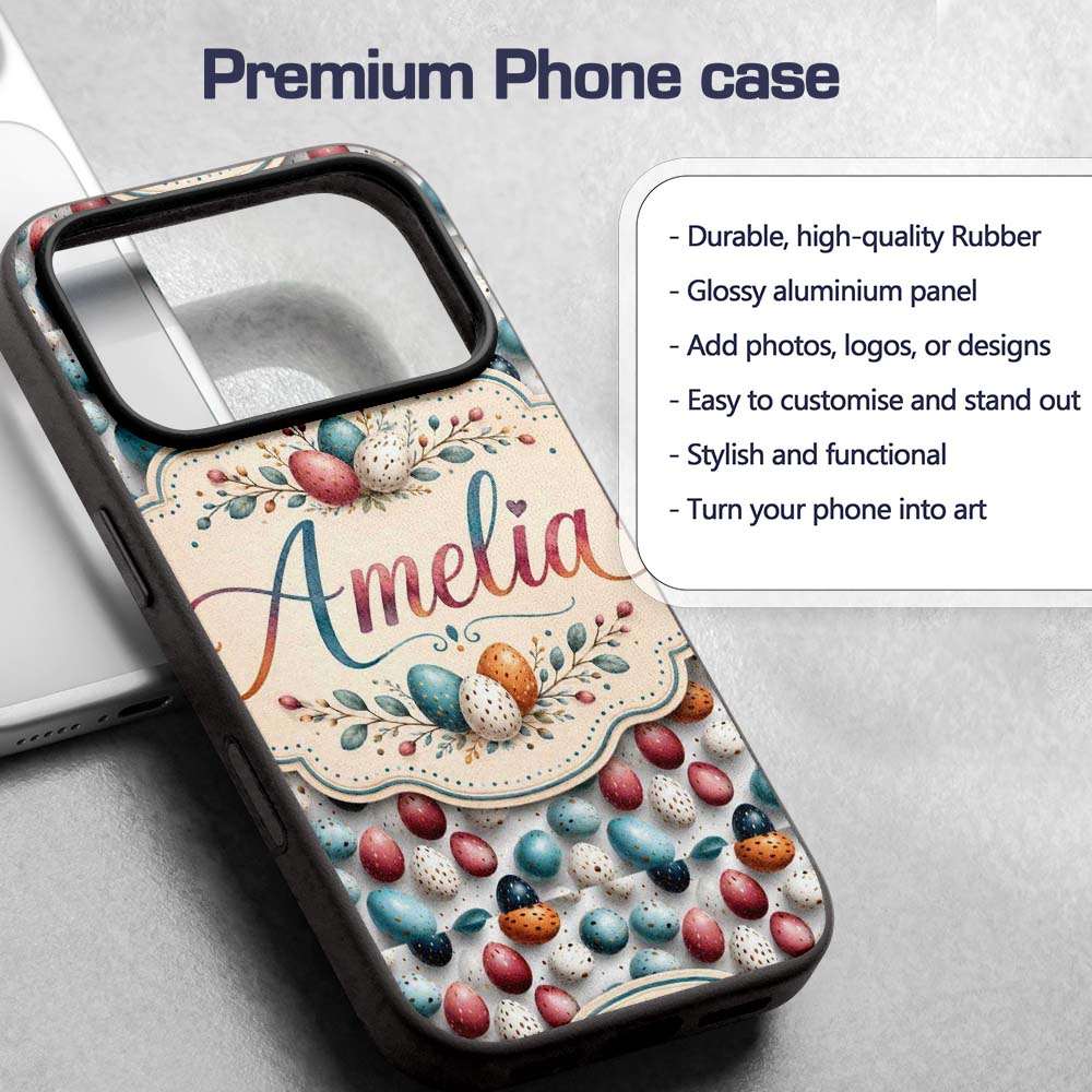 Colorful Speckled Easter Eggs on Light Background Custom Name Protective Phone Case Mobile Cover Durable Everyday Smartphone Shock Resistant