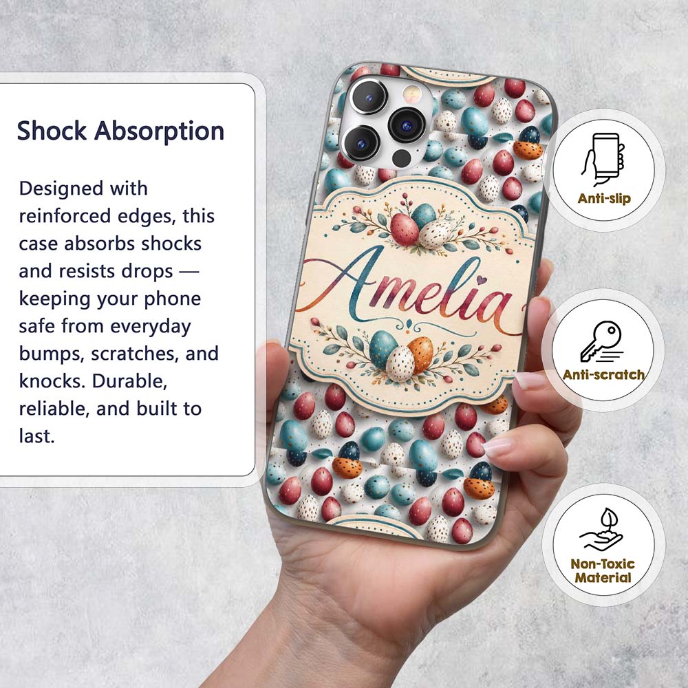 Colorful Speckled Easter Eggs on Light Background Custom Name Protective Phone Case Mobile Cover Durable Everyday Smartphone Shock Resistant