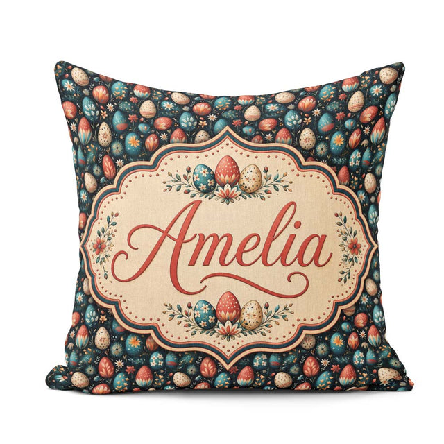 Custom Name Elegant Floral Easter Eggs Botanical Details Pattern Square Filled Cushion Throw Pillow Sofa Bed Home Decor Zip Washable UK Made