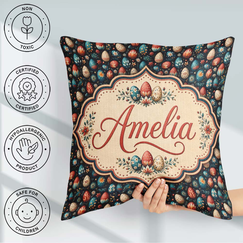 Custom Name Elegant Floral Easter Eggs Botanical Details Pattern Square Filled Cushion Throw Pillow Sofa Bed Home Decor Zip Washable UK Made