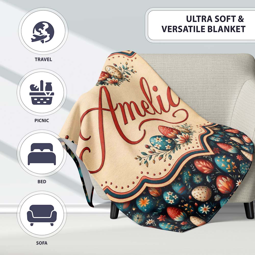 Elegant Floral Easter Eggs with Botanical Details Seamless Pattern  Personalised Custom Name Super Soft Fleece Blanket Bed Sofa Throw