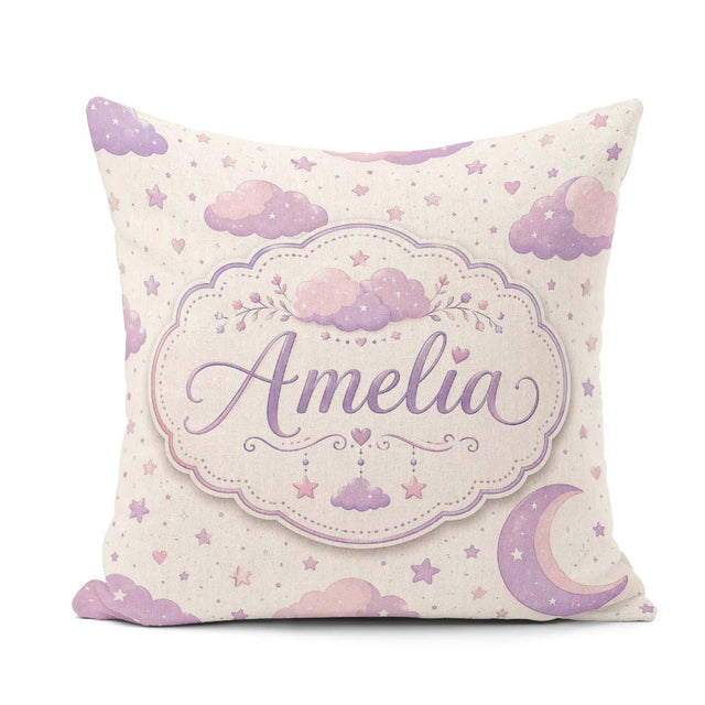 Custom Name Pastel Night Sky with Moon Clouds and Stars Seamless Square Filled Cushion Throw Pillow Sofa Bed Home Decor Zip Washable UK Made
