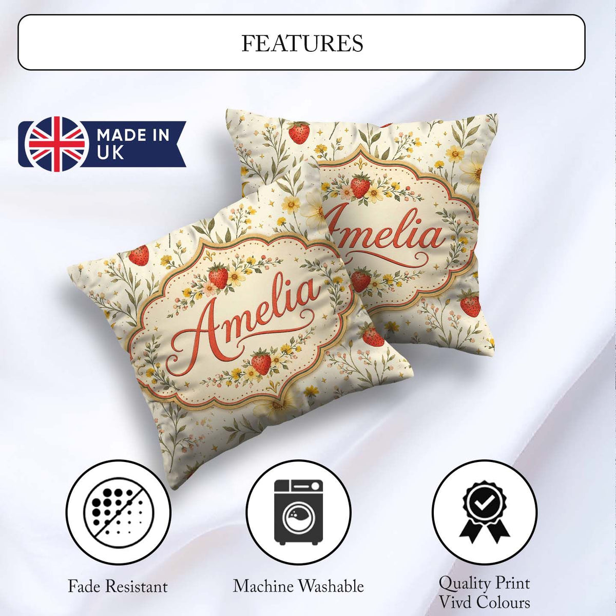 Custom Name Delicate Strawberry and Wildflower Botanical Pattern Square Filled Cushion Throw Pillow Sofa Bed Home Decor Zip Washable UK Made