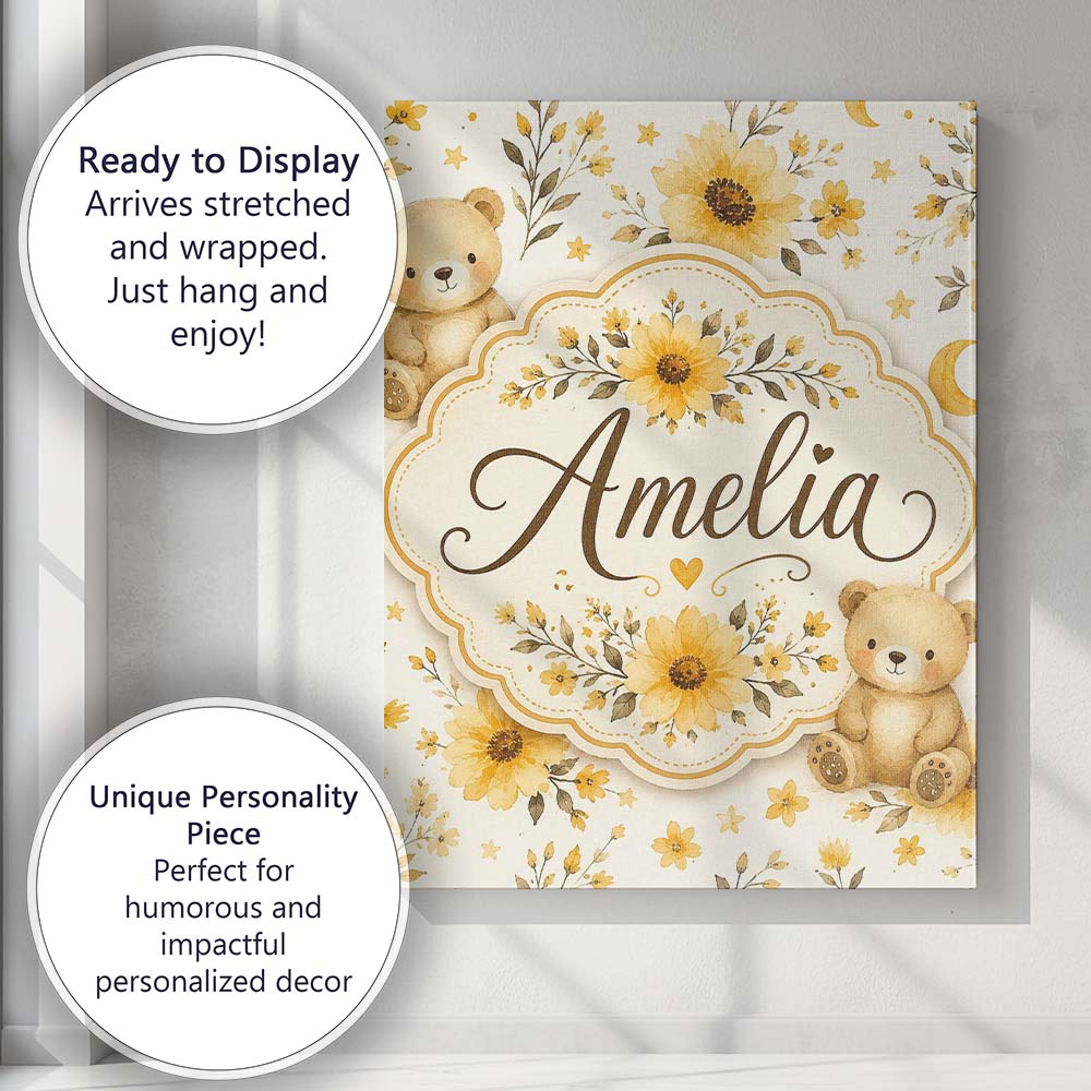 Personalised Name Cute Teddy Bears with Custom  Modern Room Accent Elegant Feature Canvas Wall Art Print Decor Picture Ready to Hang