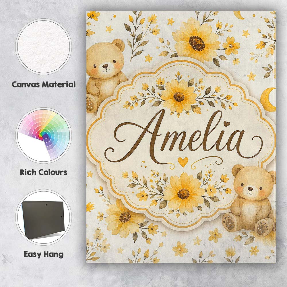 Personalised Name Cute Teddy Bears with Custom  Modern Room Accent Elegant Feature Canvas Wall Art Print Decor Picture Ready to Hang