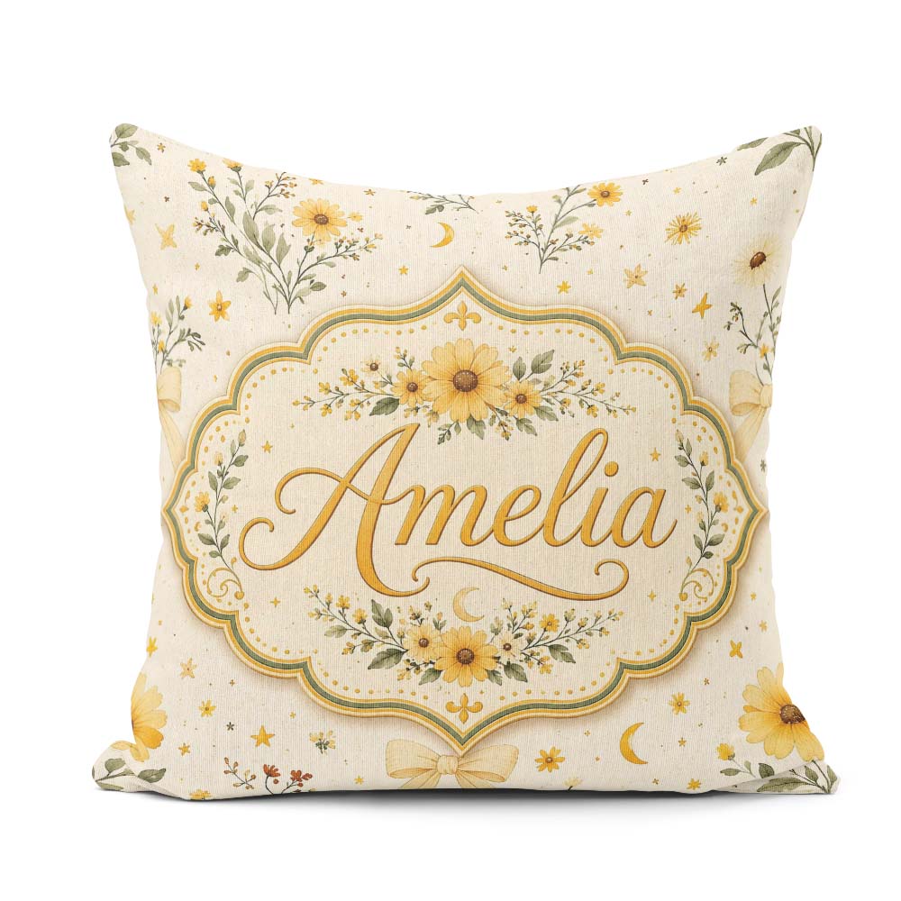 Custom Name Yellow Wildflower Botanical with Moon Stars Seamless Square Filled Cushion Throw Pillow Sofa Bed Home Decor Zip Washable UK Made