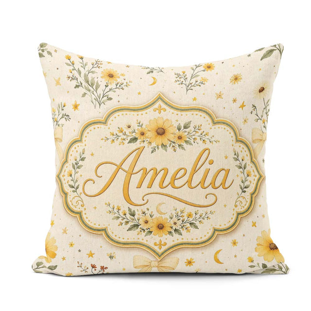 Custom Name Yellow Wildflower Botanical with Moon Stars Seamless Square Filled Cushion Throw Pillow Sofa Bed Home Decor Zip Washable UK Made