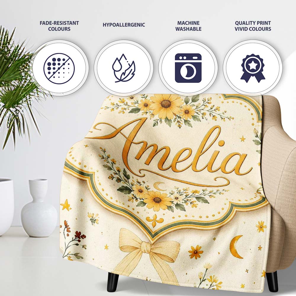 Yellow Wildflower Botanical with Moon and Stars Seamless Pattern  Personalised Custom Name Super Soft Fleece Blanket Bed Sofa Throw
