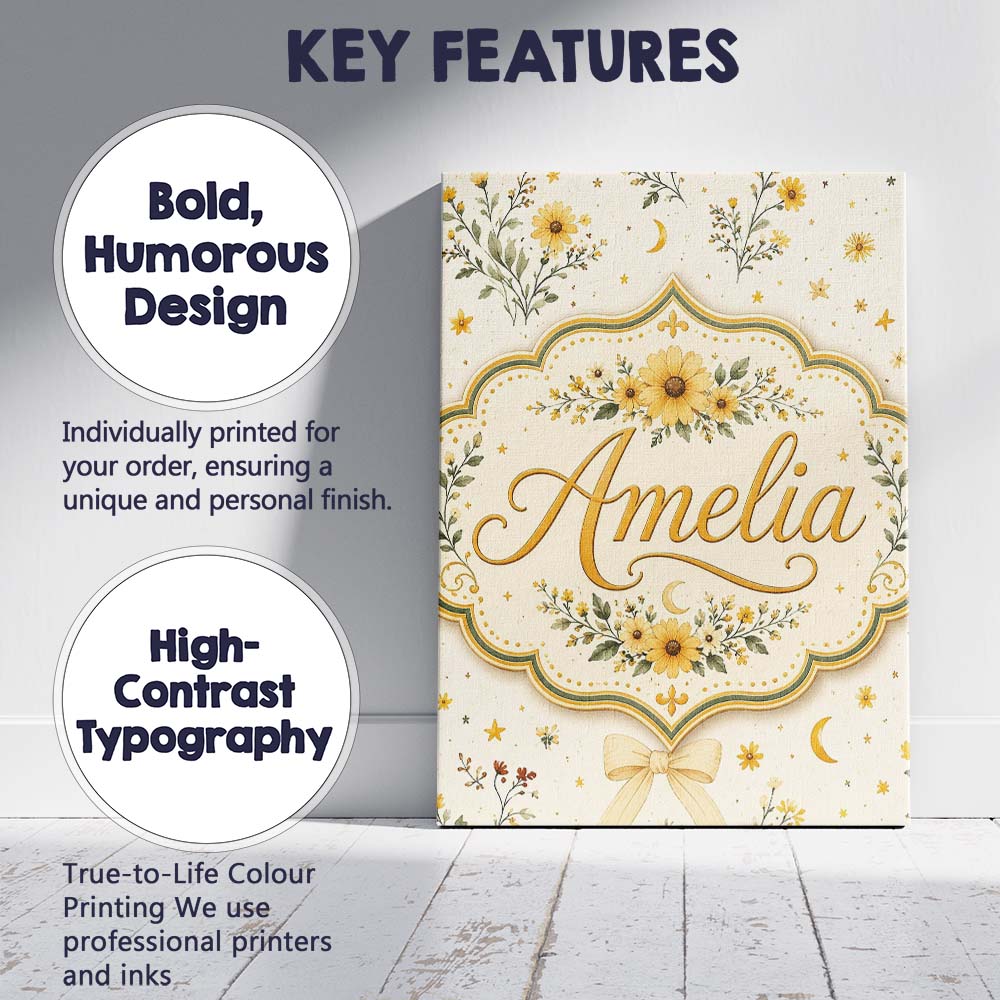 Personalised Name Yellow Wildflower Botanical Custom Unique Gift Idea Modern Room Accent Canvas Wall Art Print Decor Picture Ready to Hang