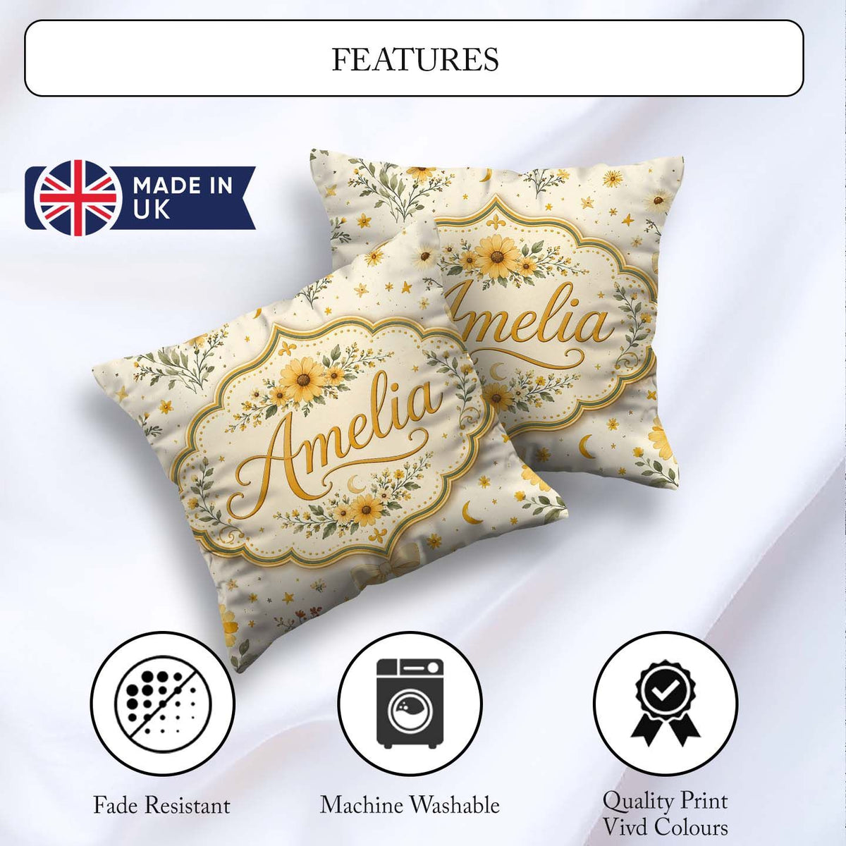 Custom Name Yellow Wildflower Botanical with Moon Stars Seamless Square Filled Cushion Throw Pillow Sofa Bed Home Decor Zip Washable UK Made