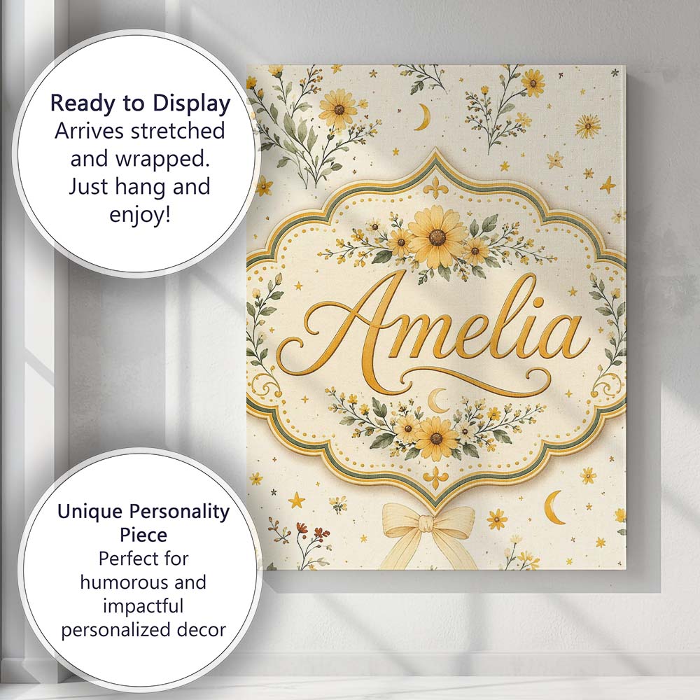 Personalised Name Yellow Wildflower Botanical Custom Unique Gift Idea Modern Room Accent Canvas Wall Art Print Decor Picture Ready to Hang