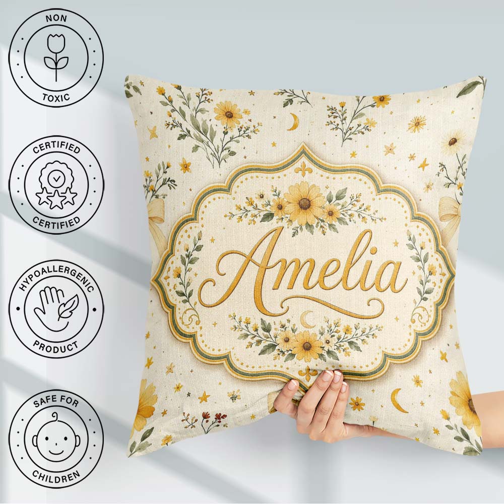 Custom Name Yellow Wildflower Botanical with Moon Stars Seamless Square Filled Cushion Throw Pillow Sofa Bed Home Decor Zip Washable UK Made