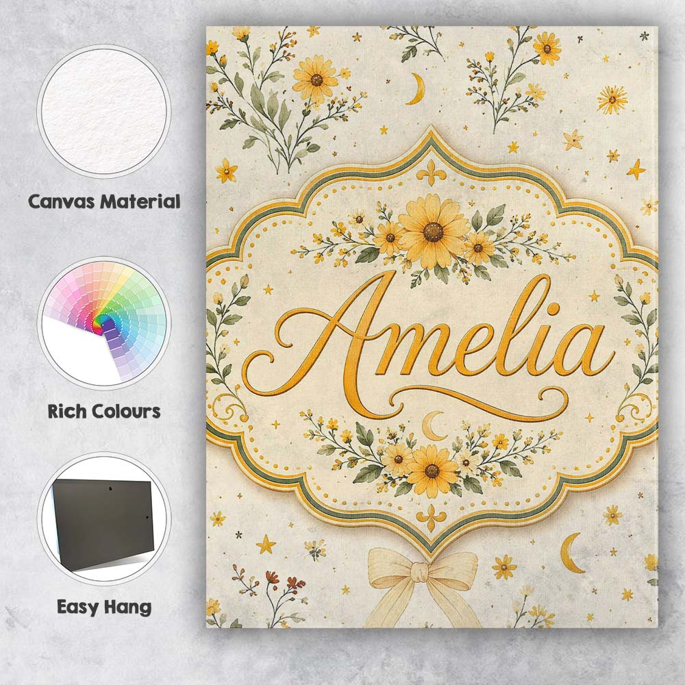 Personalised Name Yellow Wildflower Botanical Custom Unique Gift Idea Modern Room Accent Canvas Wall Art Print Decor Picture Ready to Hang