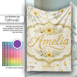 Yellow Wildflower Botanical with Moon and Stars Seamless Pattern  Personalised Custom Name Super Soft Fleece Blanket Bed Sofa Throw