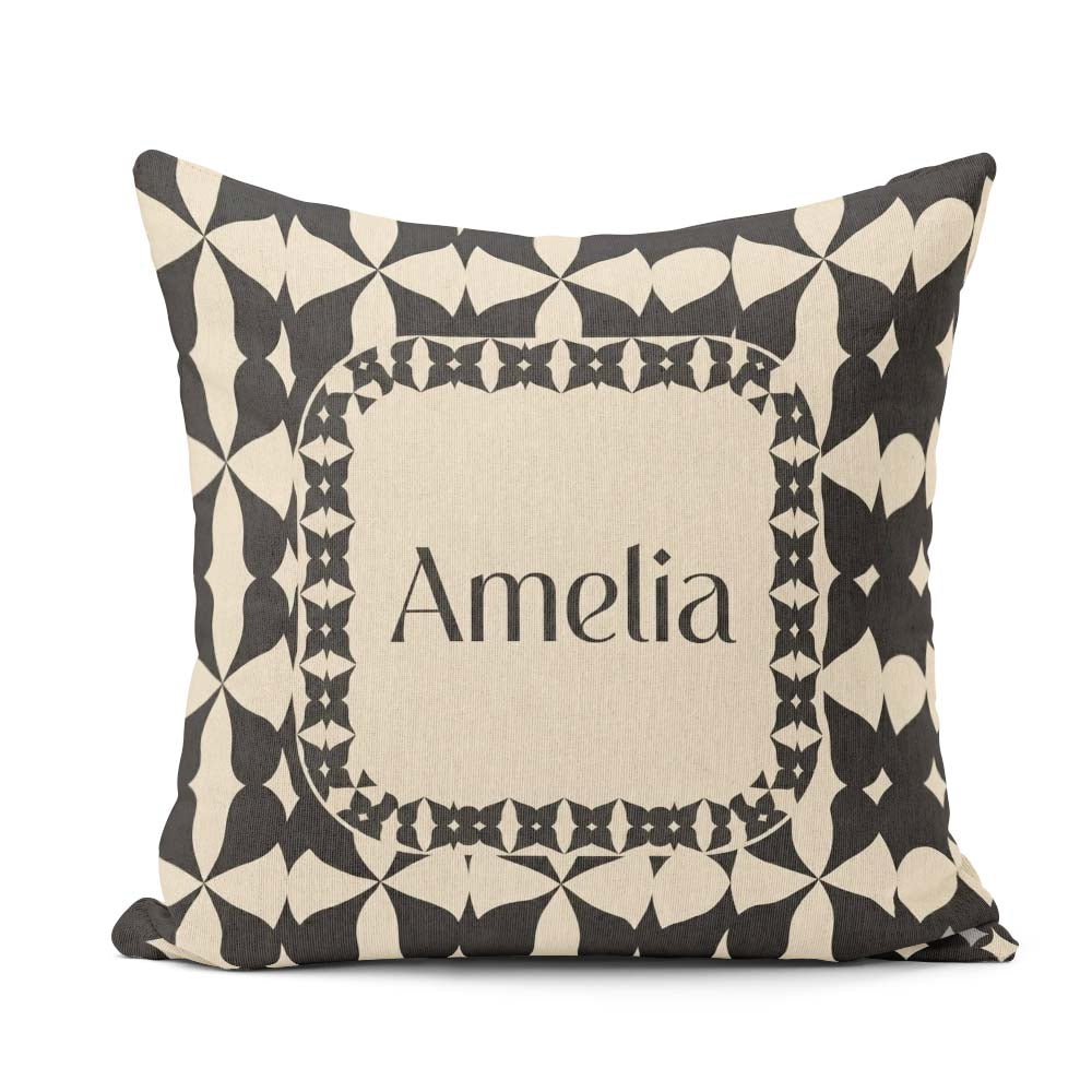 Custom Name Symmetrical Petal Tile Black Cream Geometric Pattern Square Filled Cushion Throw Pillow Sofa Bed Home Decor Zip Washable UK Made
