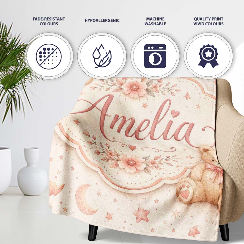 Soft Pink Crescent Moon and Stars Minimal Seamless Pattern Lovely  Personalised Custom Name Super Soft Fleece Blanket Bed Sofa Throw