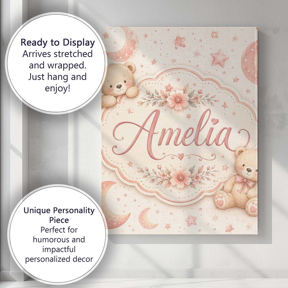 Personalised Name Soft Pink Crescent Moon Custom  Unique Gift Idea Elegant Feature Canvas Wall Art Print Decor Picture Ready to Hang