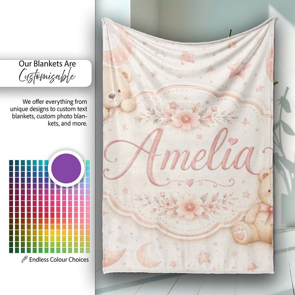 Soft Pink Crescent Moon and Stars Minimal Seamless Pattern Lovely  Personalised Custom Name Super Soft Fleece Blanket Bed Sofa Throw