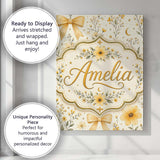 Personalised Name Elegant Yellow Floral Bow Custom  Bespoke Interior Contemporary Canvas Wall Art Print Decor Picture Ready to Hang