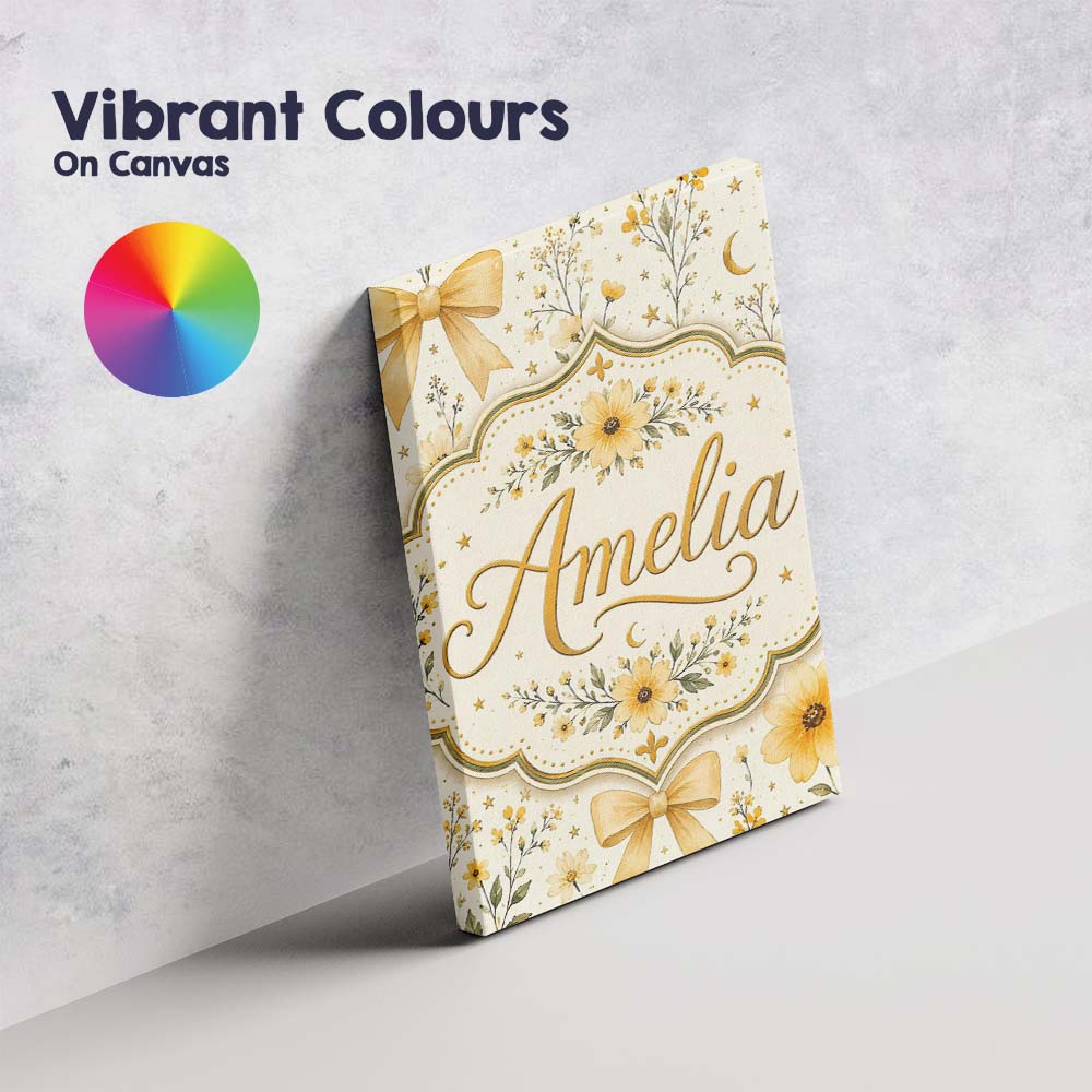 Personalised Name Elegant Yellow Floral Bow Custom  Bespoke Interior Contemporary Canvas Wall Art Print Decor Picture Ready to Hang