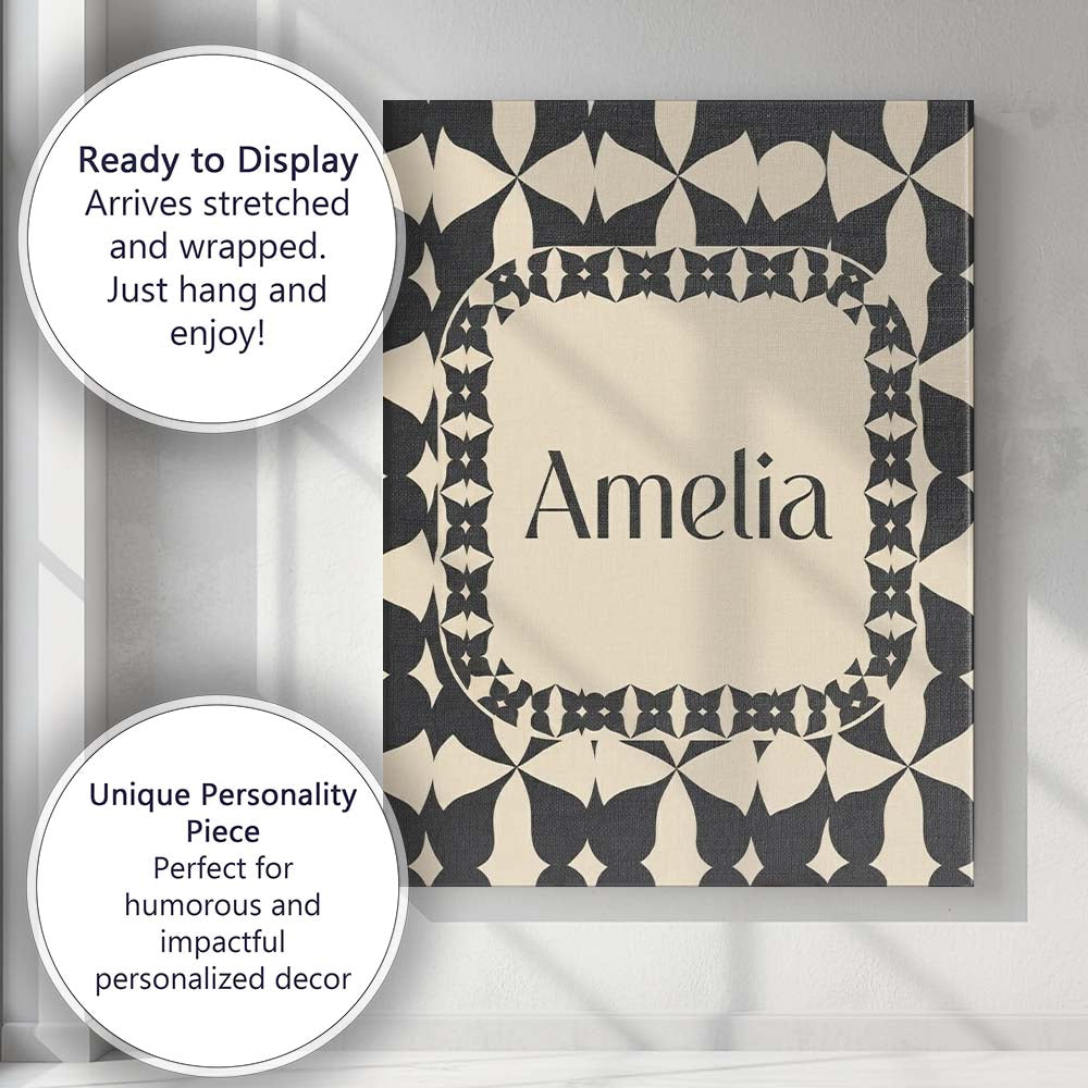 Personalised Name Symmetrical Petal Tile Black Cream Geometric Custom Modern Room Accent Canvas Wall Art Print Decor Picture Ready to Hang