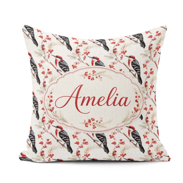 Custom Name Realistic Headed Woodpecker on Berry Branch Seamless Square Filled Cushion Throw Pillow Sofa Bed Home Decor Zip Washable UK Made